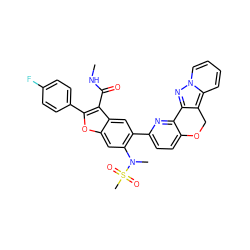 CNC(=O)c1c(-c2ccc(F)cc2)oc2cc(N(C)S(C)(=O)=O)c(-c3ccc4c(n3)-c3nn5ccccc5c3CO4)cc12 ZINC000148299971