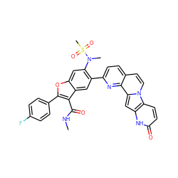 CNC(=O)c1c(-c2ccc(F)cc2)oc2cc(N(C)S(C)(=O)=O)c(-c3ccc4ccn5c6ccc(=O)[nH]c6cc5c4n3)cc12 ZINC000220472865