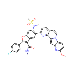 CNC(=O)c1c(-c2ccc(F)cc2)oc2cc(N(C)S(C)(=O)=O)c(-c3ccc4ccn5c6ccc(OC)nc6cc5c4n3)cc12 ZINC000220480791