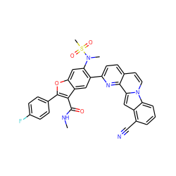 CNC(=O)c1c(-c2ccc(F)cc2)oc2cc(N(C)S(C)(=O)=O)c(-c3ccc4ccn5c6cccc(C#N)c6cc5c4n3)cc12 ZINC000220466406