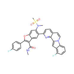 CNC(=O)c1c(-c2ccc(F)cc2)oc2cc(N(C)S(C)(=O)=O)c(-c3ccc4ccn5c6cccc(F)c6cc5c4n3)cc12 ZINC000220465252