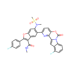 CNC(=O)c1c(-c2ccc(F)cc2)oc2cc(N(C)S(C)(=O)=O)c(-c3ccc4oc(=O)n5c6cccc(F)c6cc5c4n3)cc12 ZINC000205190335