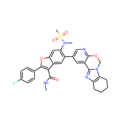 CNC(=O)c1c(-c2ccc(F)cc2)oc2cc(N(C)S(C)(=O)=O)c(-c3cnc4c(c3)-c3nc5c(n3CO4)CCCC5)cc12 ZINC000148303891