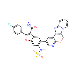 CNC(=O)c1c(-c2ccc(F)cc2)oc2cc(N(C)S(C)(=O)=O)c(-c3cnc4c(c3)-c3nc5ccccn5c3CO4)cc12 ZINC000148297243