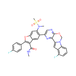 CNC(=O)c1c(-c2ccc(F)cc2)oc2cc(N(C)S(C)(=O)=O)c(-c3cnc4c(n3)-c3cc5c(F)cccc5n3CO4)cc12 ZINC000148295674