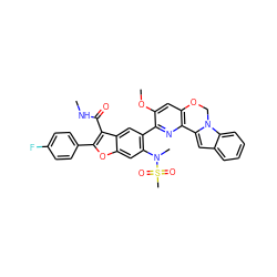 CNC(=O)c1c(-c2ccc(F)cc2)oc2cc(N(C)S(C)(=O)=O)c(-c3nc4c(cc3OC)OCn3c-4cc4ccccc43)cc12 ZINC000148294939