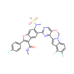 CNC(=O)c1c(-c2ccc(F)cc2)oc2cc(N(C)S(C)(=O)=O)c(-c3ncc4c(n3)-c3cc5c(F)c(F)ccc5n3CO4)cc12 ZINC000205194987