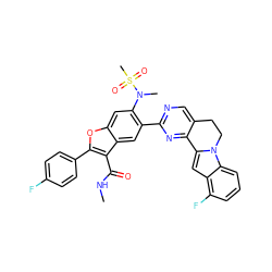 CNC(=O)c1c(-c2ccc(F)cc2)oc2cc(N(C)S(C)(=O)=O)c(-c3ncc4c(n3)-c3cc5c(F)cccc5n3CC4)cc12 ZINC000220466312