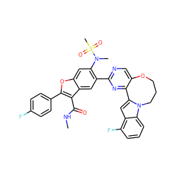 CNC(=O)c1c(-c2ccc(F)cc2)oc2cc(N(C)S(C)(=O)=O)c(-c3ncc4c(n3)-c3cc5c(F)cccc5n3CCCO4)cc12 ZINC000205189119