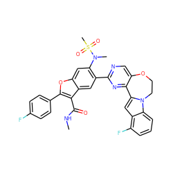 CNC(=O)c1c(-c2ccc(F)cc2)oc2cc(N(C)S(C)(=O)=O)c(-c3ncc4c(n3)-c3cc5c(F)cccc5n3CCO4)cc12 ZINC000206580819