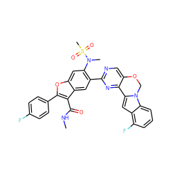 CNC(=O)c1c(-c2ccc(F)cc2)oc2cc(N(C)S(C)(=O)=O)c(-c3ncc4c(n3)-c3cc5c(F)cccc5n3CO4)cc12 ZINC000148098328