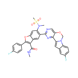 CNC(=O)c1c(-c2ccc(F)cc2)oc2cc(N(C)S(C)(=O)=O)c(-c3ncc4c(n3)-c3cc5cc(F)ccc5n3CO4)cc12 ZINC000148097167