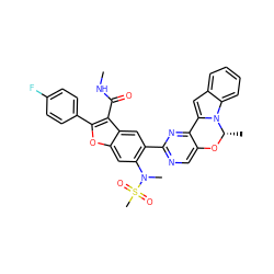 CNC(=O)c1c(-c2ccc(F)cc2)oc2cc(N(C)S(C)(=O)=O)c(-c3ncc4c(n3)-c3cc5ccccc5n3[C@H](C)O4)cc12 ZINC000148098575