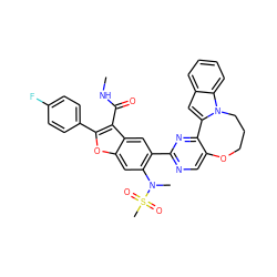 CNC(=O)c1c(-c2ccc(F)cc2)oc2cc(N(C)S(C)(=O)=O)c(-c3ncc4c(n3)-c3cc5ccccc5n3CCCO4)cc12 ZINC000148274064