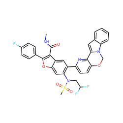 CNC(=O)c1c(-c2ccc(F)cc2)oc2cc(N(CC(F)F)S(C)(=O)=O)c(-c3ccc4c(n3)-c3cc5ccccc5n3CO4)cc12 ZINC000218308254