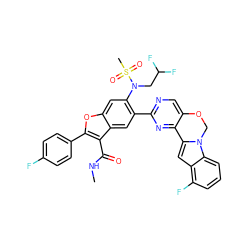 CNC(=O)c1c(-c2ccc(F)cc2)oc2cc(N(CC(F)F)S(C)(=O)=O)c(-c3ncc4c(n3)-c3cc5c(F)cccc5n3CO4)cc12 ZINC000218307685