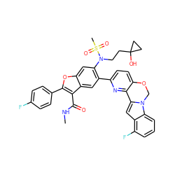 CNC(=O)c1c(-c2ccc(F)cc2)oc2cc(N(CCC3(O)CC3)S(C)(=O)=O)c(-c3ccc4c(n3)-c3cc5c(F)cccc5n3CO4)cc12 ZINC000218303360