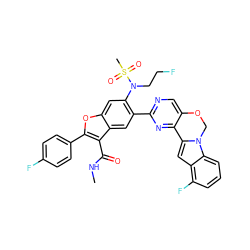 CNC(=O)c1c(-c2ccc(F)cc2)oc2cc(N(CCF)S(C)(=O)=O)c(-c3ncc4c(n3)-c3cc5c(F)cccc5n3CO4)cc12 ZINC001772624701