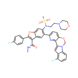 CNC(=O)c1c(-c2ccc(F)cc2)oc2cc(N(CCN3CCOCC3)S(C)(=O)=O)c(-c3ccc4c(n3)-c3cc5c(F)cccc5n3CO4)cc12 ZINC000218306546