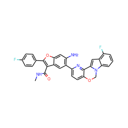 CNC(=O)c1c(-c2ccc(F)cc2)oc2cc(N)c(-c3ccc4c(n3)-c3cc5c(F)cccc5n3CO4)cc12 ZINC000146628016