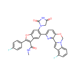 CNC(=O)c1c(-c2ccc(F)cc2)oc2cc(N3CC(=O)NC3=O)c(-c3ccc4c(n3)-c3cc5c(F)cccc5n3CO4)cc12 ZINC000148283779