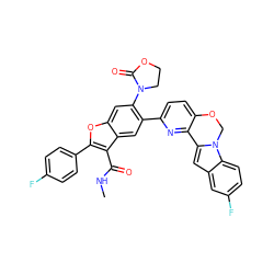 CNC(=O)c1c(-c2ccc(F)cc2)oc2cc(N3CCOC3=O)c(-c3ccc4c(n3)-c3cc5cc(F)ccc5n3CO4)cc12 ZINC000148265162