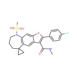 CNC(=O)c1c(-c2ccc(F)cc2)oc2cc3c(cc12)C1(CCCN3S(C)(=O)=O)CC1 ZINC000149550593