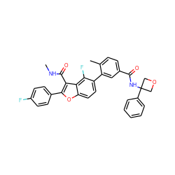 CNC(=O)c1c(-c2ccc(F)cc2)oc2ccc(-c3cc(C(=O)NC4(c5ccccc5)COC4)ccc3C)c(F)c12 ZINC000167200295