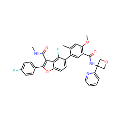 CNC(=O)c1c(-c2ccc(F)cc2)oc2ccc(-c3cc(C(=O)NC4(c5ccccn5)COC4)c(OC)cc3C)c(F)c12 ZINC000167203339