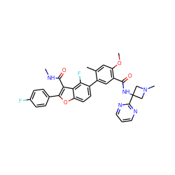 CNC(=O)c1c(-c2ccc(F)cc2)oc2ccc(-c3cc(C(=O)NC4(c5ncccn5)CN(C)C4)c(OC)cc3C)c(F)c12 ZINC000205311608