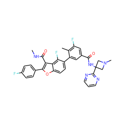 CNC(=O)c1c(-c2ccc(F)cc2)oc2ccc(-c3cc(C(=O)NC4(c5ncccn5)CN(C)C4)cc(F)c3C)c(F)c12 ZINC000205311629