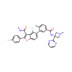 CNC(=O)c1c(-c2ccc(F)cc2)oc2ccc(-c3cc(C(=O)NC4(c5ncccn5)CN(C)C4)ccc3C)c(F)c12 ZINC000205311582