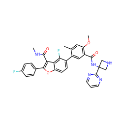 CNC(=O)c1c(-c2ccc(F)cc2)oc2ccc(-c3cc(C(=O)NC4(c5ncccn5)CNC4)c(OC)cc3C)c(F)c12 ZINC000205311560