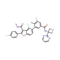 CNC(=O)c1c(-c2ccc(F)cc2)oc2ccc(-c3cc(C(=O)NC4(c5ncccn5)COC4)cc(F)c3C)c(F)c12 ZINC000149076802