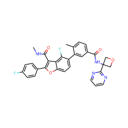 CNC(=O)c1c(-c2ccc(F)cc2)oc2ccc(-c3cc(C(=O)NC4(c5ncccn5)COC4)ccc3C)c(F)c12 ZINC000149442482