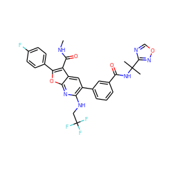 CNC(=O)c1c(-c2ccc(F)cc2)oc2nc(NCC(F)(F)F)c(-c3cccc(C(=O)NC(C)(C)c4ncon4)c3)cc12 ZINC000214046083