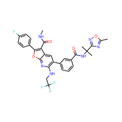 CNC(=O)c1c(-c2ccc(F)cc2)oc2nc(NCC(F)(F)F)c(-c3cccc(C(=O)NC(C)(C)c4noc(C)n4)c3)cc12 ZINC000214218574