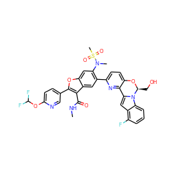 CNC(=O)c1c(-c2ccc(OC(F)F)nc2)oc2cc(N(C)S(C)(=O)=O)c(-c3ccc4c(n3)-c3cc5c(F)cccc5n3[C@H](CO)O4)cc12 ZINC000212225184