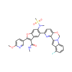 CNC(=O)c1c(-c2ccc(OC)nc2)oc2cc(N(C)S(C)(=O)=O)c(-c3ccc4c(n3)-c3cc5c(F)cccc5n3CO4)cc12 ZINC000212204635