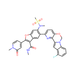 CNC(=O)c1c(-c2ccn(C)c(=O)c2)oc2cc(N(C)S(C)(=O)=O)c(-c3ccc4c(n3)-c3cc5c(F)cccc5n3CO4)cc12 ZINC000212211361