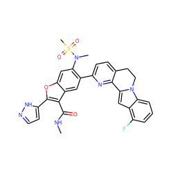 CNC(=O)c1c(-c2ccn[nH]2)oc2cc(N(C)S(C)(=O)=O)c(-c3ccc4c(n3)-c3cc5c(F)cccc5n3CC4)cc12 ZINC000212218509