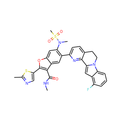 CNC(=O)c1c(-c2cnc(C)s2)oc2cc(N(C)S(C)(=O)=O)c(-c3ccc4c(n3)-c3cc5c(F)cccc5n3CC4)cc12 ZINC000212245267