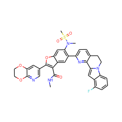 CNC(=O)c1c(-c2cnc3c(c2)OCCO3)oc2cc(N(C)S(C)(=O)=O)c(-c3ccc4c(n3)-c3cc5c(F)cccc5n3CC4)cc12 ZINC000212193068