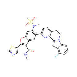 CNC(=O)c1c(-c2cncs2)oc2cc(N(C)S(C)(=O)=O)c(-c3ccc4c(n3)-c3cc5c(F)cccc5n3CC4)cc12 ZINC000212245378