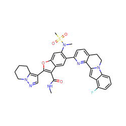 CNC(=O)c1c(-c2cnn3c2CCCC3)oc2cc(N(C)S(C)(=O)=O)c(-c3ccc4c(n3)-c3cc5c(F)cccc5n3CC4)cc12 ZINC000212211554