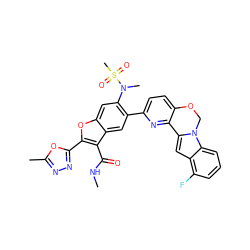 CNC(=O)c1c(-c2nnc(C)o2)oc2cc(N(C)S(C)(=O)=O)c(-c3ccc4c(n3)-c3cc5c(F)cccc5n3CO4)cc12 ZINC000212289309