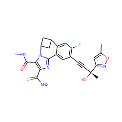 CNC(=O)c1c(C(N)=O)nc2n1C1CC(C1)c1cc(F)c(C#C[C@@](C)(O)c3cc(C)on3)cc1-2 ZINC000215742910