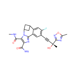 CNC(=O)c1c(C(N)=O)nc2n1C1CC(C1)c1cc(F)c(C#C[C@@](C)(O)c3noc(C)n3)cc1-2 ZINC000215742978