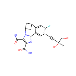 CNC(=O)c1c(C(N)=O)nc2n1C1CC(C1)c1cc(F)c(C#C[C@](C)(O)CO)cc1-2 ZINC000205808511