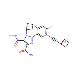 CNC(=O)c1c(C(N)=O)nc2n1C1CC(C1)c1cc(F)c(C#CC3(O)CCC3)cc1-2 ZINC000219549999